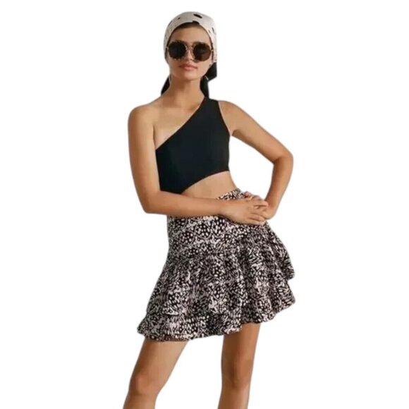 Maeve by Anthropologie Linen Blend Black Cream Print Tiered Mini Skirt - Picture 4 of 13